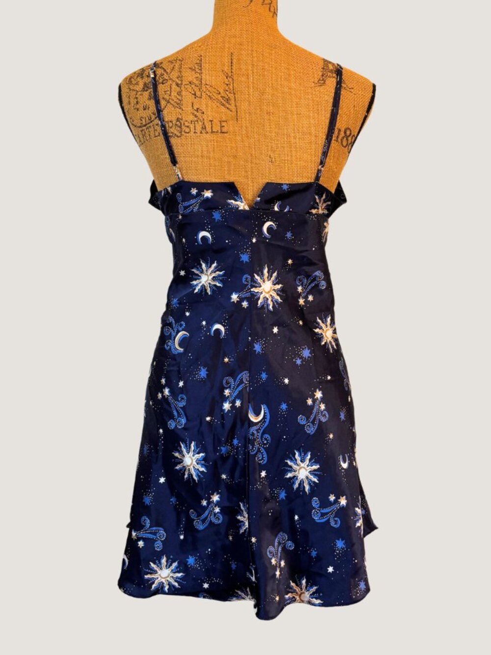 90s Celestial Slip Dress Moon Star Print Satin Lingerie Dress Size L - Picture 4 of 5